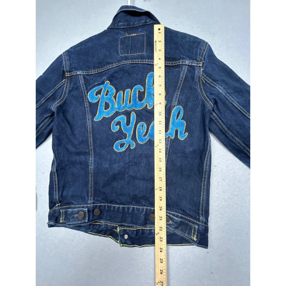 Levi Strauss Denim Trucker Jacket Buck Yeah Embroidery Blue Size Small Mens